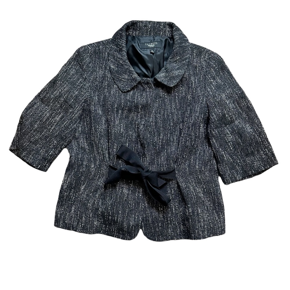 TALBOTS Tweed Snap Front Peter Pan Collar Tie Waist Blazer Jacket 8P